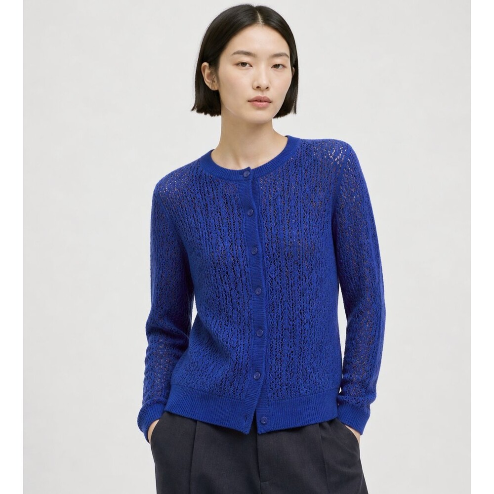 Ines de la Fressange Uniqlo Cardigan Womens XS Blue Cotton Pointelle Knit Preppy